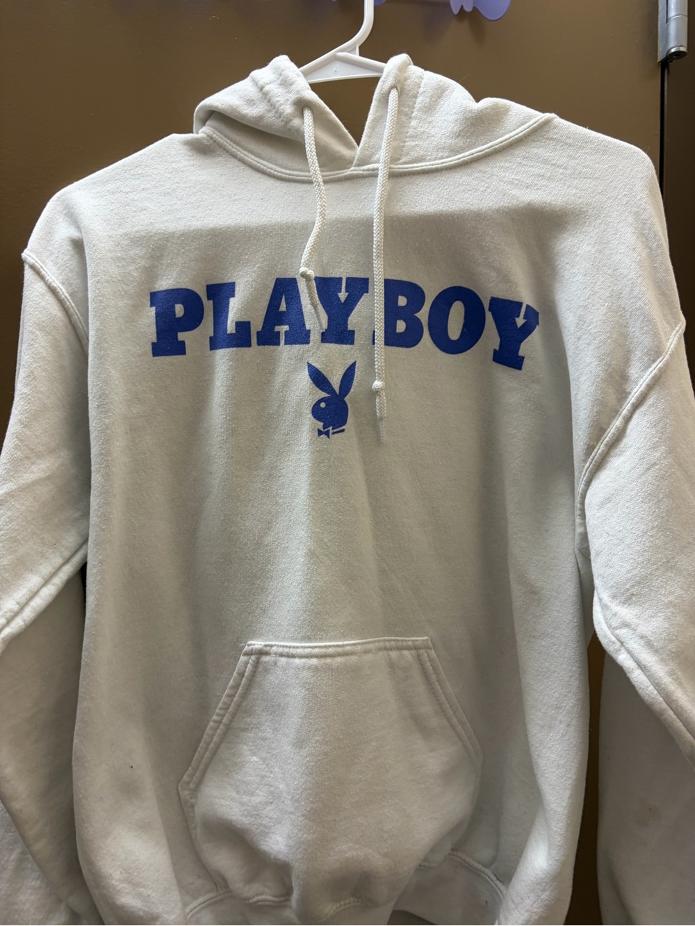 PLAYBOY Men's Crewneck Hoodie in Cream with Blue Logo